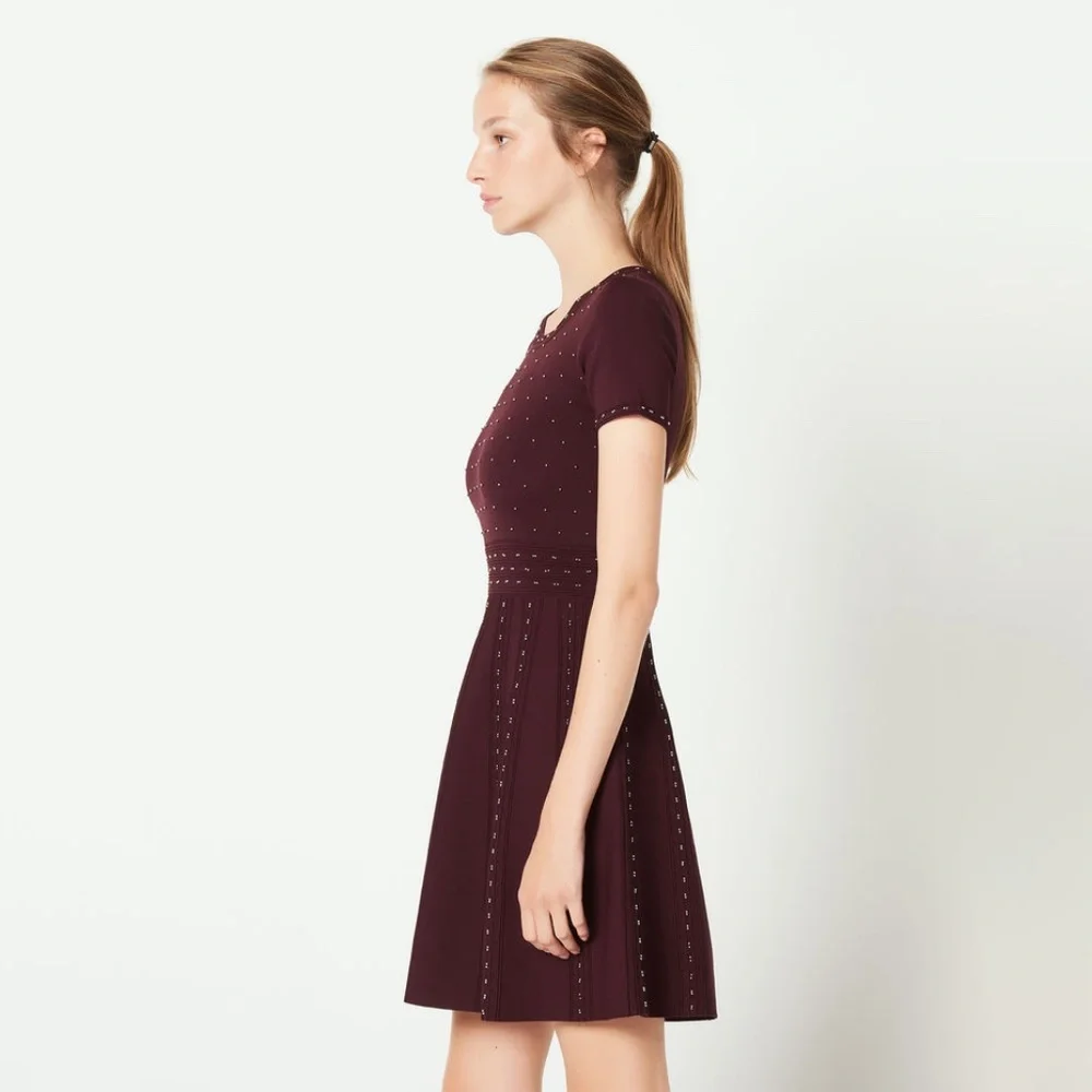 ✨sold✨ sandro • montaigne bordeaux bead embellished stud fit flare studded dress - Picture 4 of 12